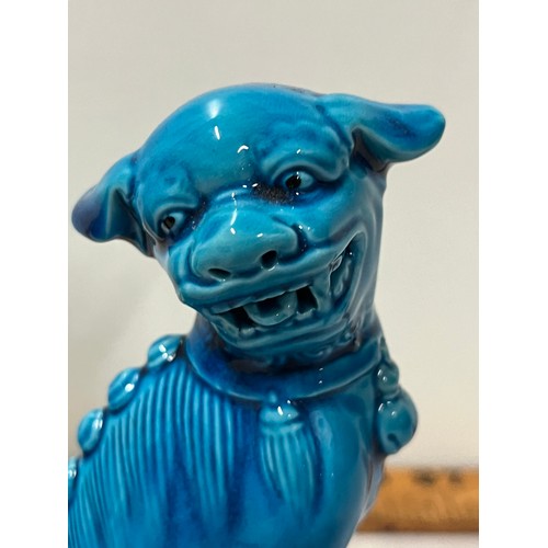 27 - Pair of vintage Chinese Turquoise blue glazed Food Dogs. 16cms tall