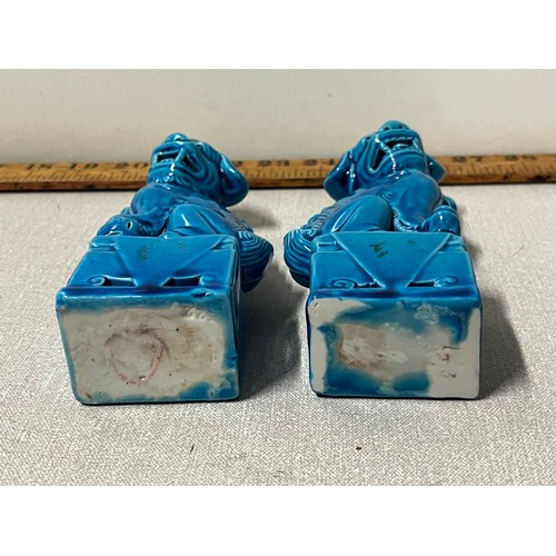 27 - Pair of vintage Chinese Turquoise blue glazed Food Dogs. 16cms tall