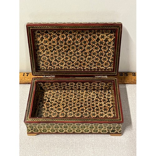 29 - Vintage hand crafted inlaid marquetry wooden Khatam jewellery trinket box. 16cm long