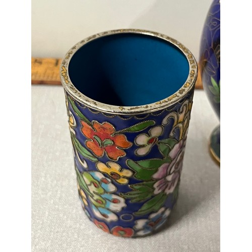 28 - 3 x Blue enamel Cloisonné floral vases.
tallest 16cm