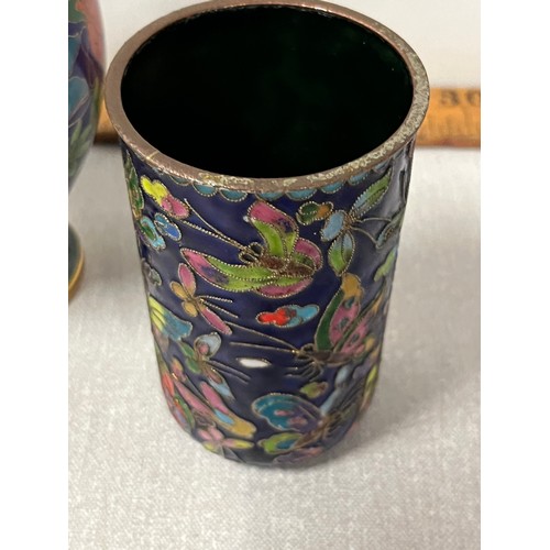 28 - 3 x Blue enamel Cloisonné floral vases.
tallest 16cm