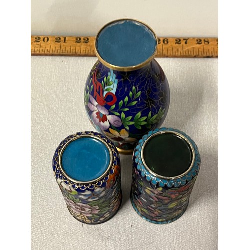 28 - 3 x Blue enamel Cloisonné floral vases.
tallest 16cm