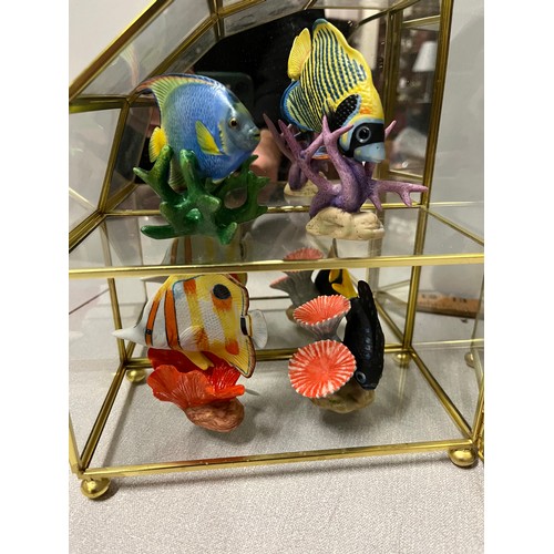 48 - collection of franklin mint ceramic fish along with 3 glass display cabinets