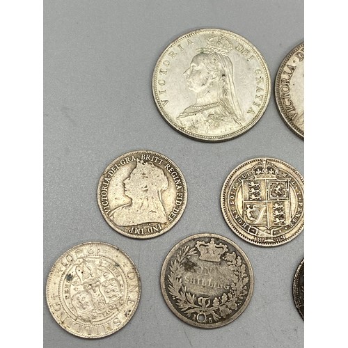 67 - Collection of silver coins to include 1898 Queen Victoria half crowns, 1889 shilling jubilee head an... 