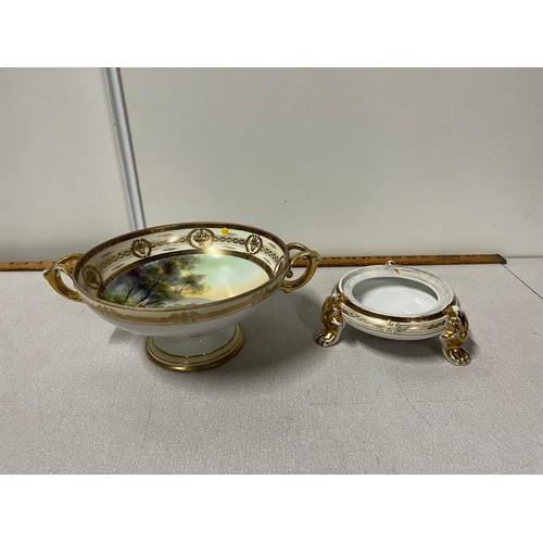 266 - Victorian bowl on stand with gilt design.
unmarked 24cm diameter