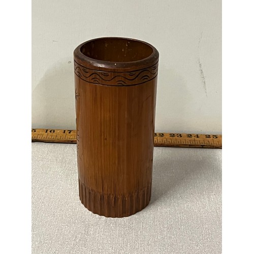 286 - Vintage carved wooden bamboo brush pot.