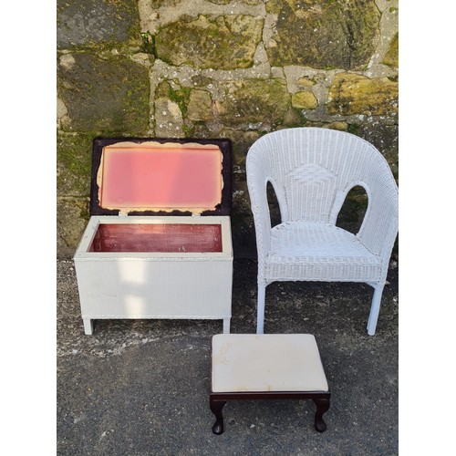 456 - Vintage wicker chair along with Lloyd Loom style blanket box & footstool.