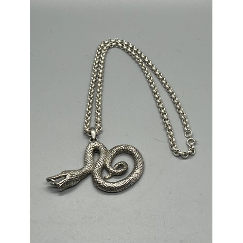 11 - heavy silver belcher chain with large unmarked snake pendant (possibly silver)