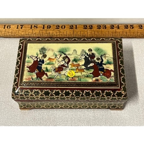 29 - Vintage hand crafted inlaid marquetry wooden Khatam jewellery trinket box. 16cm long