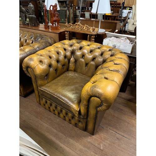 154 - Vintage brown leather Chesterfield sofa and matching club chair. Some ware to leather - see pics.