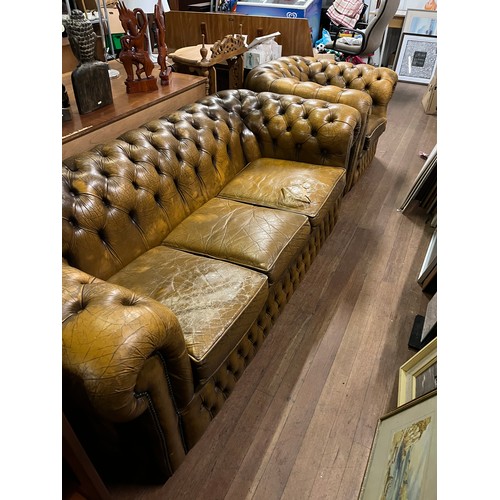 154 - Vintage brown leather Chesterfield sofa and matching club chair. Some ware to leather - see pics.