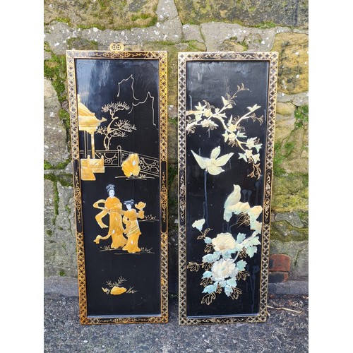 89 - 2 black lacquered & mother of pearl oriental wall panels. 92cm tall