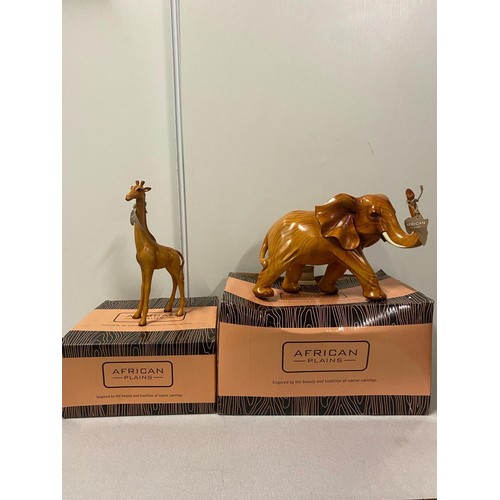 201 - 2 African plains wooden carved figures to include Large Elephant & Giraffe both with original boxes.... 