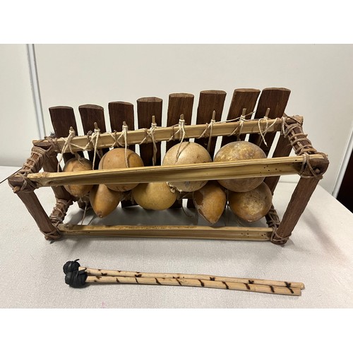 121 - Vintage Balafon (West African xylophone) with 8 tones on 8 calabash gourds with 2 beaters.