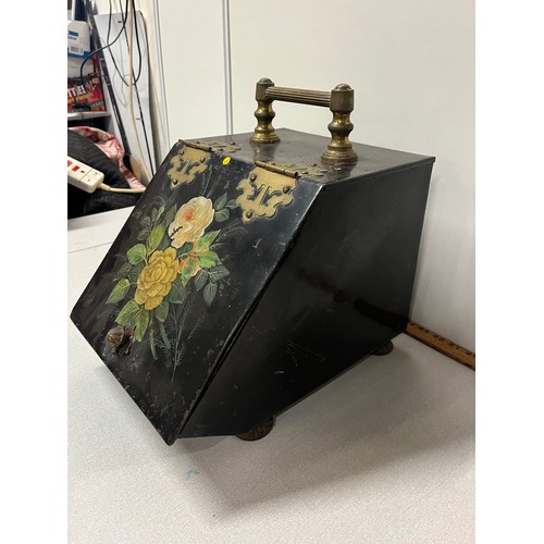 119 - 19th century metal coal scuttle with hand painted floral design & brass hardware.