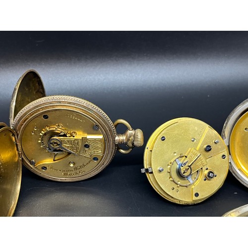 65 - silver hallmarked pocket watch working (needs hands), gold plated american waltham working,  along w... 