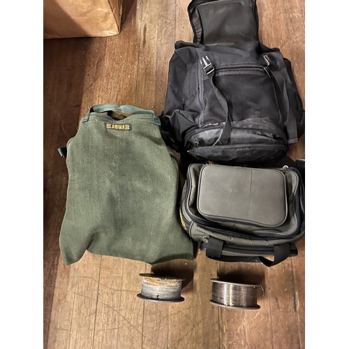 178 - fishermans lureflash wader bag, waders, & 2 other bags along with 2 x heavy rolls of fishing wire