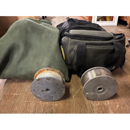 178 - fishermans lureflash wader bag, waders, & 2 other bags along with 2 x heavy rolls of fishing wire