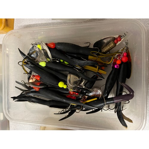 179 - large collection of flying condom fishing lures in various containers