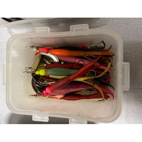 179 - large collection of flying condom fishing lures in various containers