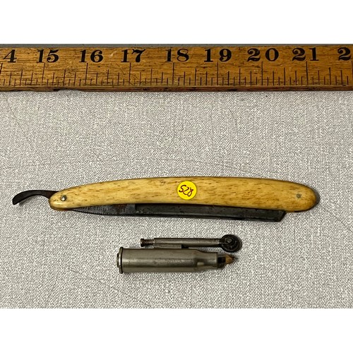 184 - Vintage bone handled cut throat razor along with trench art bullet lighter.