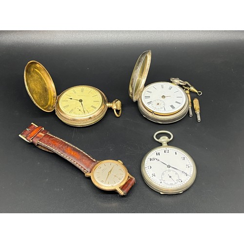 65 - silver hallmarked pocket watch working (needs hands), gold plated american waltham working,  along w... 