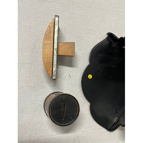 269 - Vintage letter press, coin bank and black lacquered corner shelf.