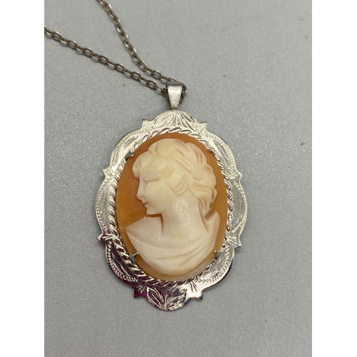 46 - Hallmarked silver cameo pendant and chain.