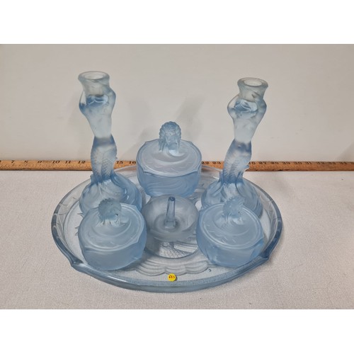 70 - Vintage Art Deco blue glass 7 piece 'Nymphen'/'Mermaid' dressing table set by Walther & Sohne.