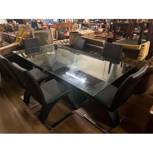 203 - modern glass top dining table with 6 chrome & leather chairs