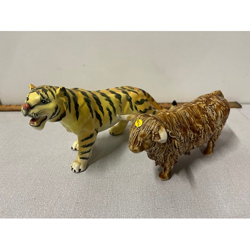 310 - japanese made tiger along with cwp scottish pottery highland cow largest 29cm long