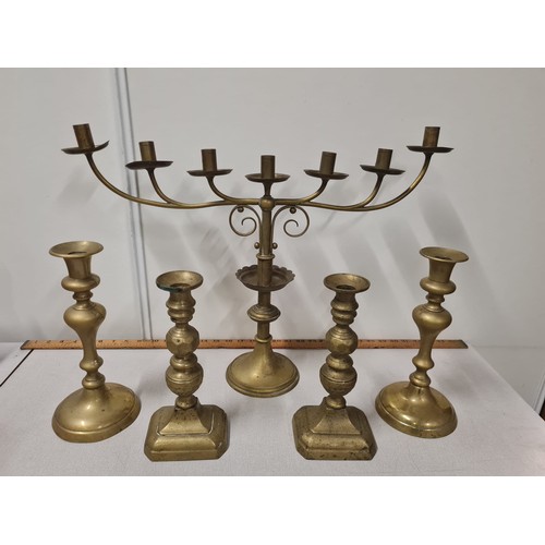 107 - Vintage brass candelabra & 4 brass candle holders.