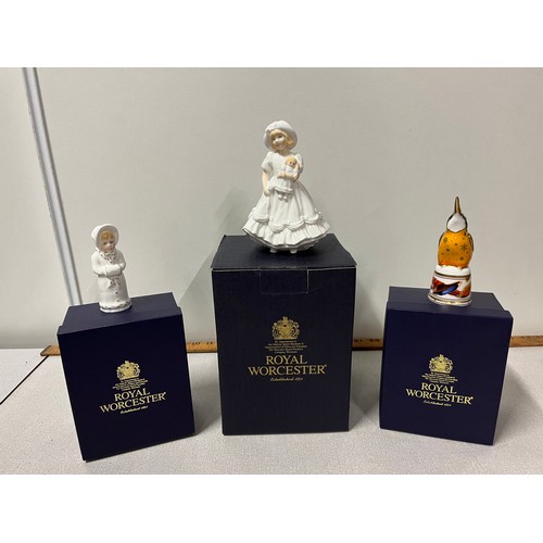 76 - 3 Boxed Royal Worcester ceramics to include Katie figurine & 2 candle snuffers to include 'Kingfishe... 