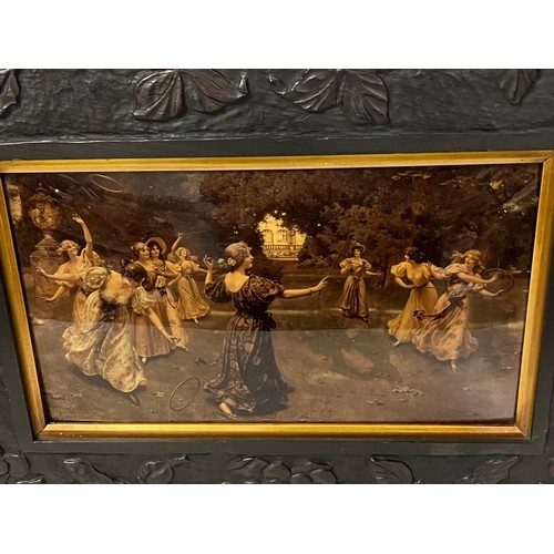 124 - Antique reverse glass painting of wilhem mezzlers  (in the days of golden youth in carved dark wood ... 