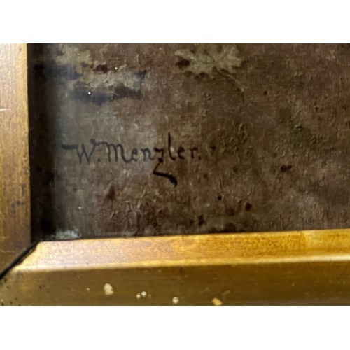 124 - Antique reverse glass painting of wilhem mezzlers  (in the days of golden youth in carved dark wood ... 