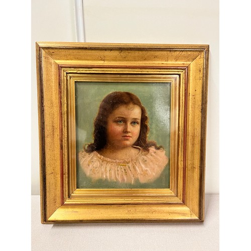 126 - antique gilt framed oil painting portrait of a young girl 42 x 39cm