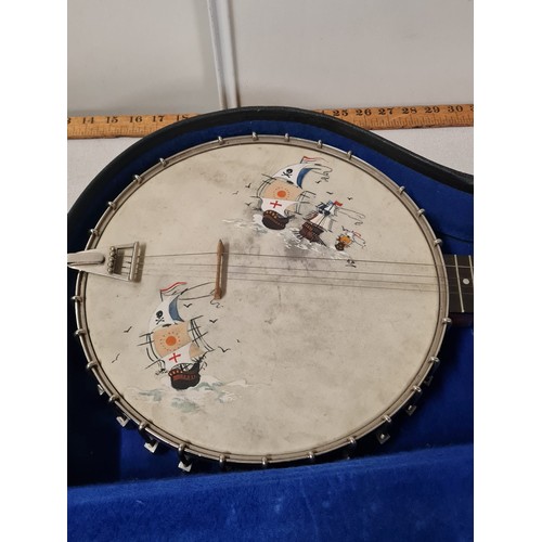 144 - Vintage 5 string banjo with pirate ship hand painted design , mother of pearl inlays along with hard... 