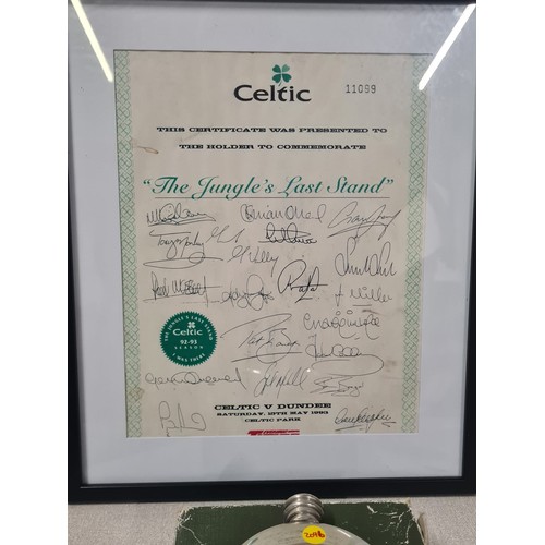 286 - Collection of Celtic memorabilia to include signed programme, hipflask and framed 