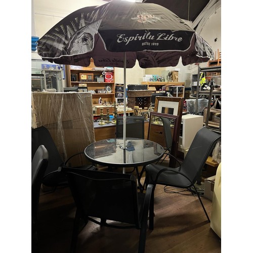 190 - 6 piece garden set to include 4 chairs, table & Sol advertising parasol.