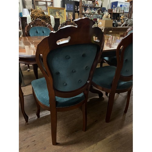 83 - italian inlaid table with six chairs to include 2 carvers