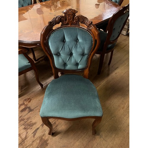 83 - italian inlaid table with six chairs to include 2 carvers