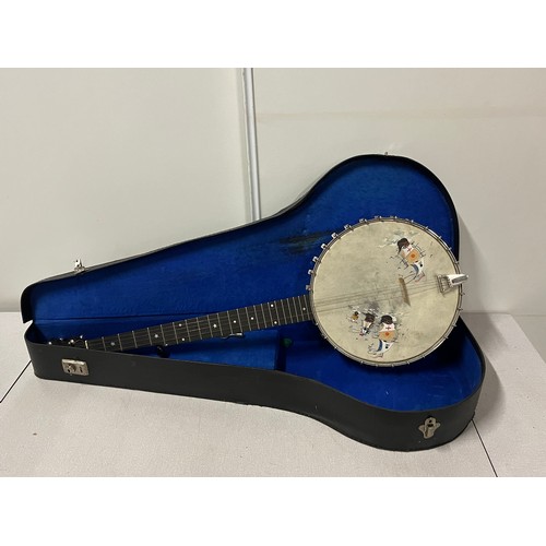 144 - Vintage 5 string banjo with pirate ship hand painted design , mother of pearl inlays along with hard... 