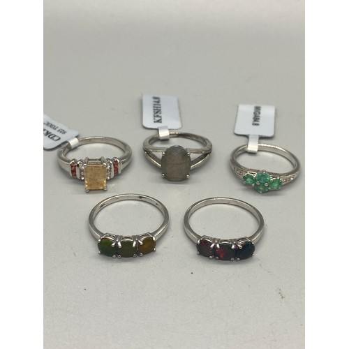 13 - 5 x silver and multi gem stone rings.