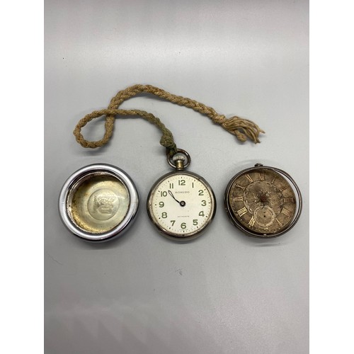 59 - Antique John Purdie Carluke silver pocket watch, Roxedo pocket watch and Ingersoll watch cover. Both... 