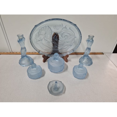 70 - Vintage Art Deco blue glass 7 piece 'Nymphen'/'Mermaid' dressing table set by Walther & Sohne.