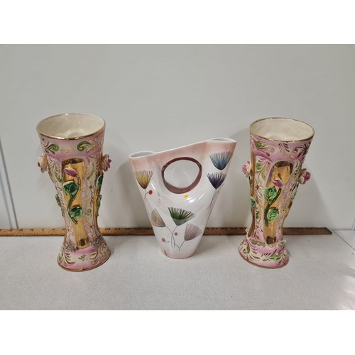 100 - Vintage pair of Belgian porcelain vases by Hubert Bequet M. Depose & 1 other.