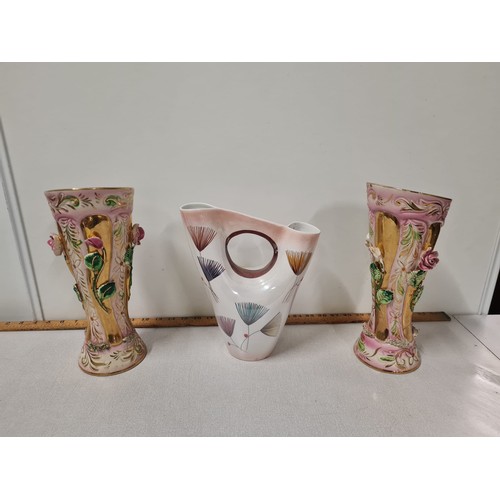 100 - Vintage pair of Belgian porcelain vases by Hubert Bequet M. Depose & 1 other.