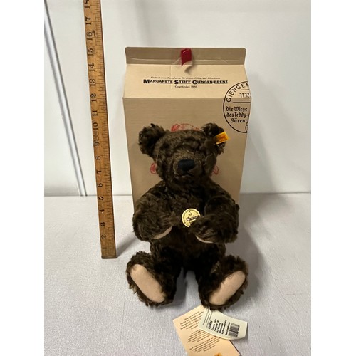 83 - Steiff 1920 classic teddy bear with button & label, dark brown genuine mohair with growler & origina... 