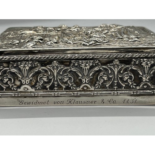 26 - Antique german raised relief 800 grade silver box , lid dipicting family & animals