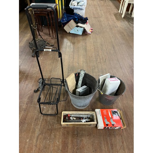 506 - 2 aluminium buckets, blow torch and folding trolley etc.